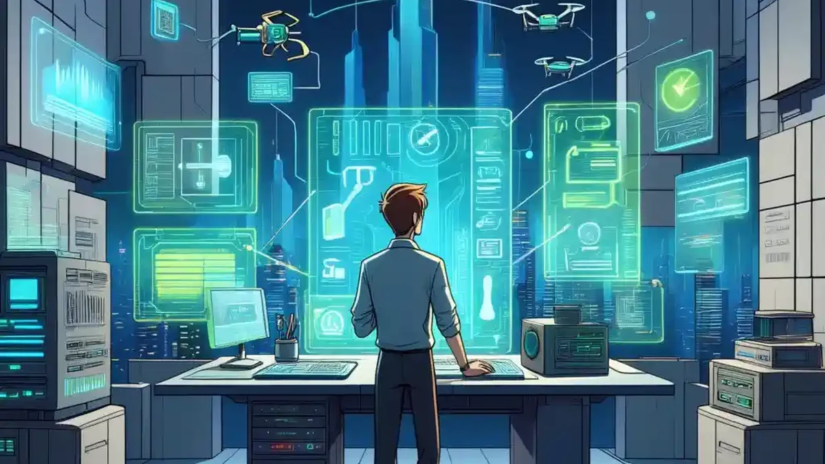 A person stands at a desk in a high-tech control room, managing crypto security with floating digital screens and the latest hardware wallets in 2026.