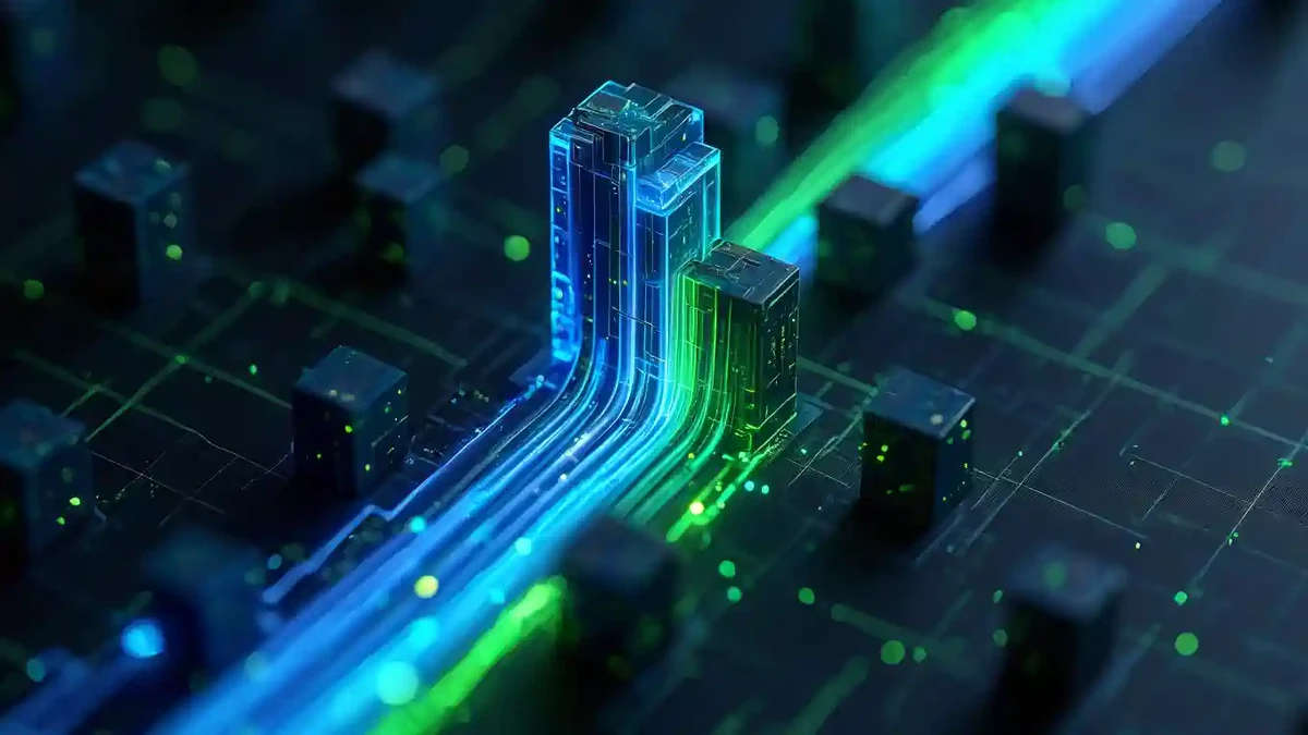 Abstract digital illustration of glowing blue and green lines flowing through futuristic, Coinbase-inspired circuit structures on a dark grid background.