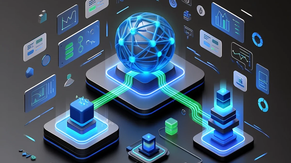 3D illustration of a digital sphere connected to data platforms, surrounded by charts and icons for step-by-step data analysis and crypto safely.